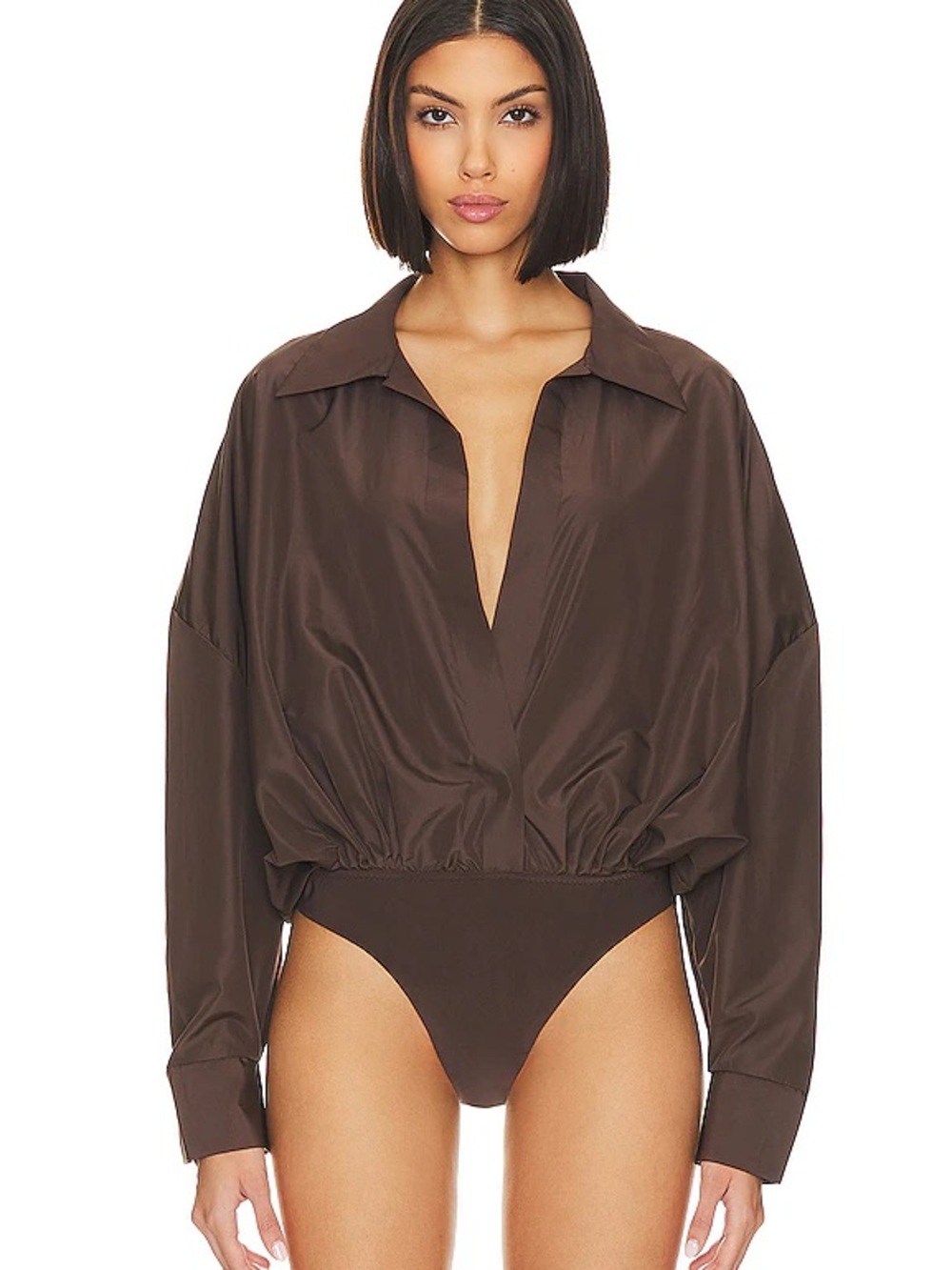 Norma Kamali Brown Deep V Long-Sleeve Bodysuit -Chocolata